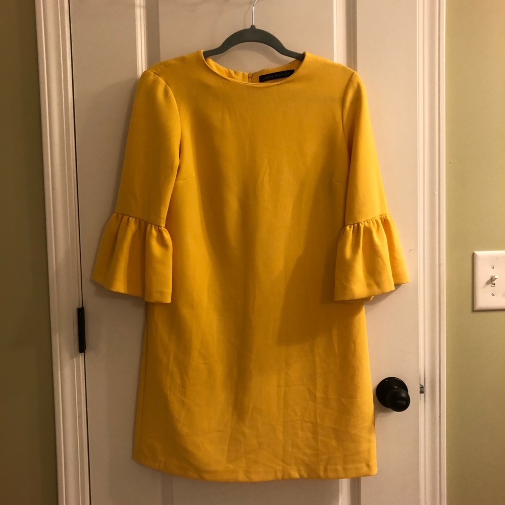Zara yellow dress business casual ruffle sleeves